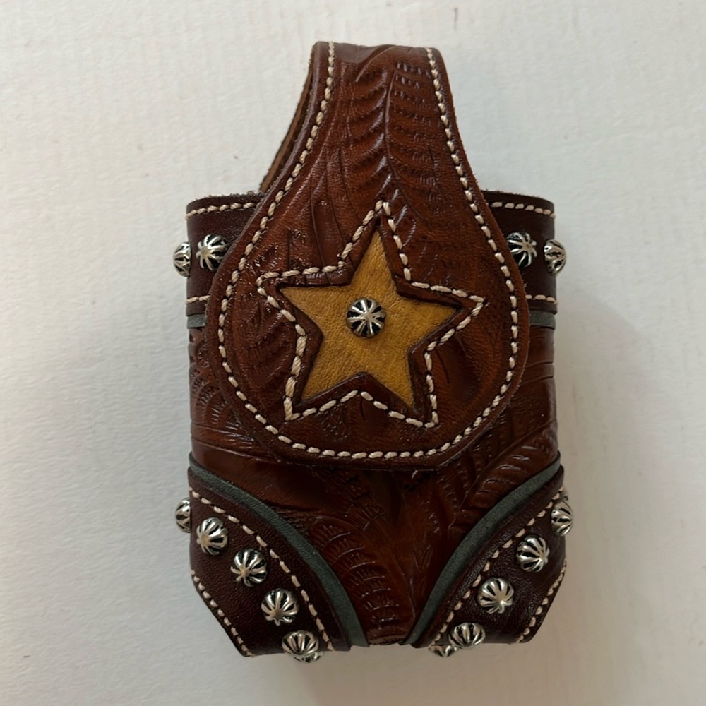 American West brown belt pouch clip western style star design hand tooled